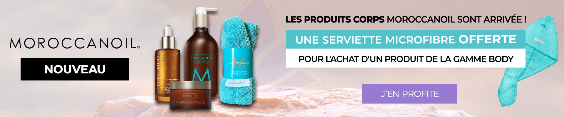 Une serviette microfibre offerte pour l'achat d'un produit de la gamme corps Moroccanoil